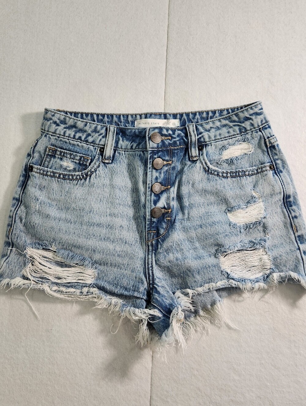 Altar'd State Faded Light Blue Distressed Button-Up Denim Shorts Size 25